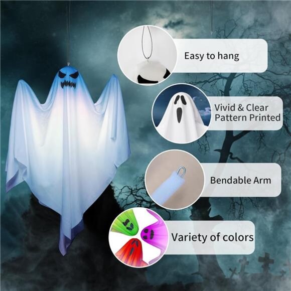 27.5 Inch Halloween Hanging Ghosts, 6 Pack LED Light Up - Picture 6 of 9